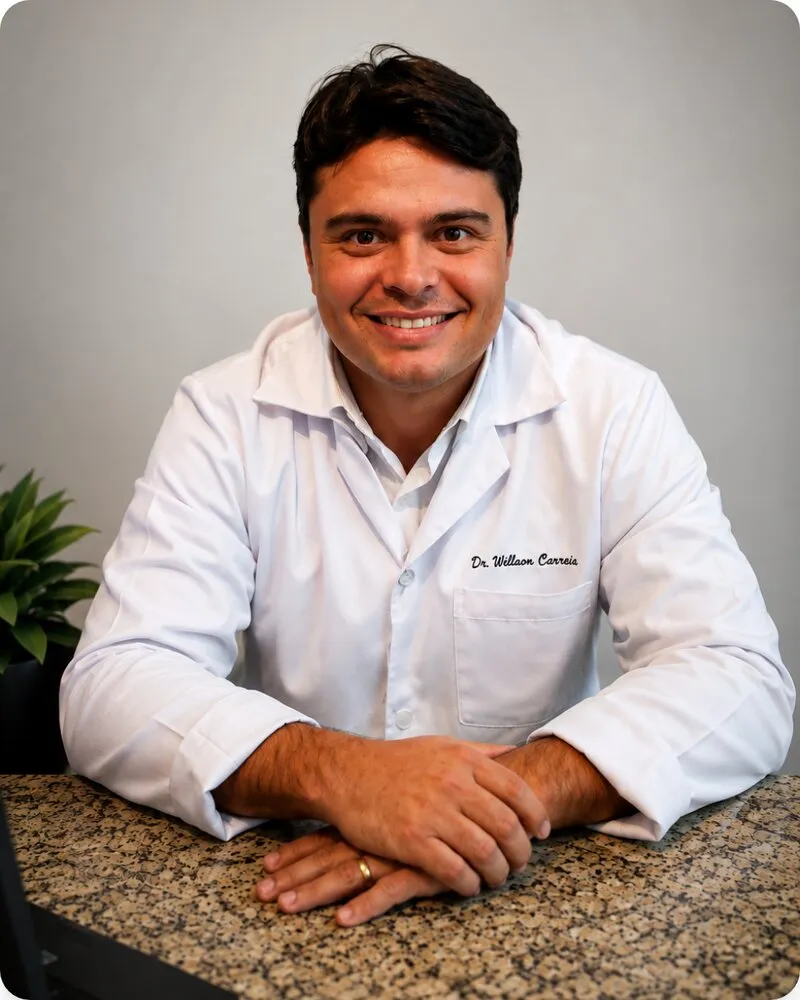Retrato do Dr. Welkson Carreira em sua clínica odontológica em Volta Redonda